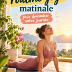 Femme faisant du yoga matinal sur un tapis dans un espace ensoleillé.