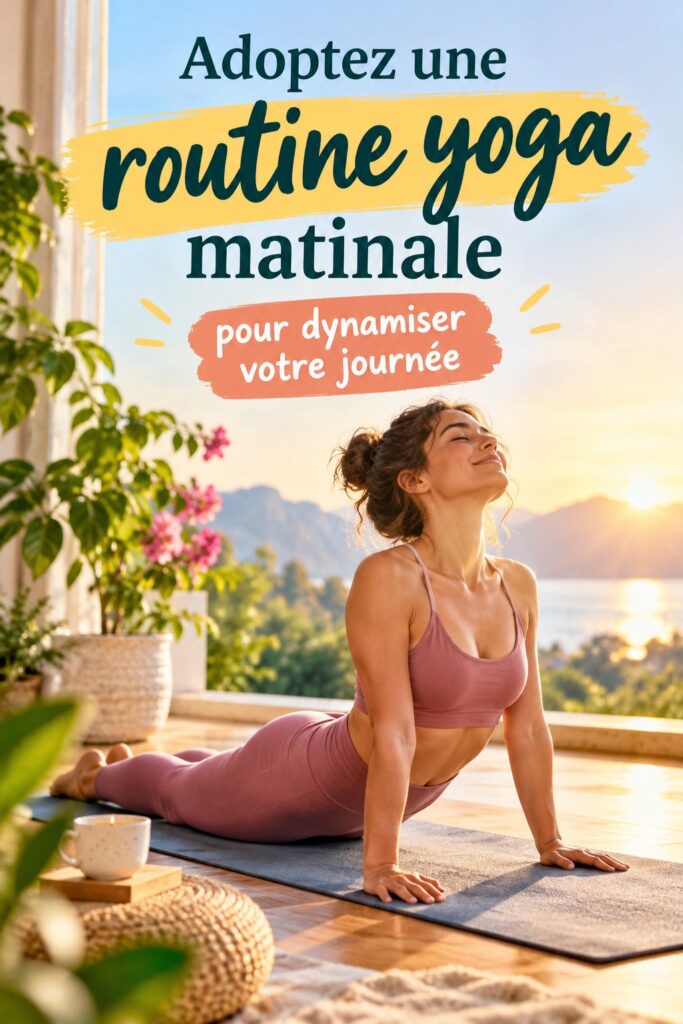Femme faisant du yoga matinal sur un tapis dans un espace ensoleillé.