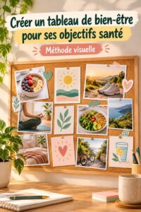 Tableau de bien-être personnalisé avec des images inspirantes et des objectifs de santé.