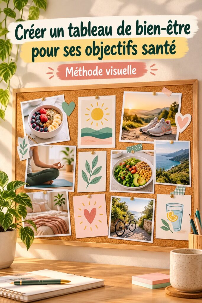 Tableau de bien-être personnalisé avec des images inspirantes et des objectifs de santé.