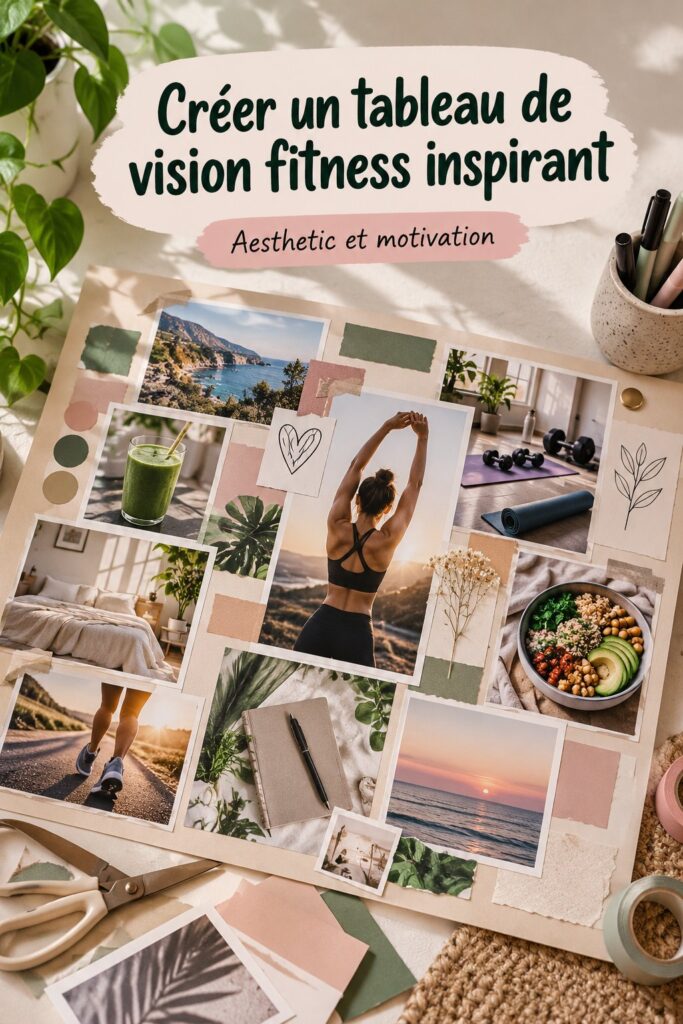 Tableau de vision fitness inspirant avec des photos de motivation et des objectifs de bien-être.