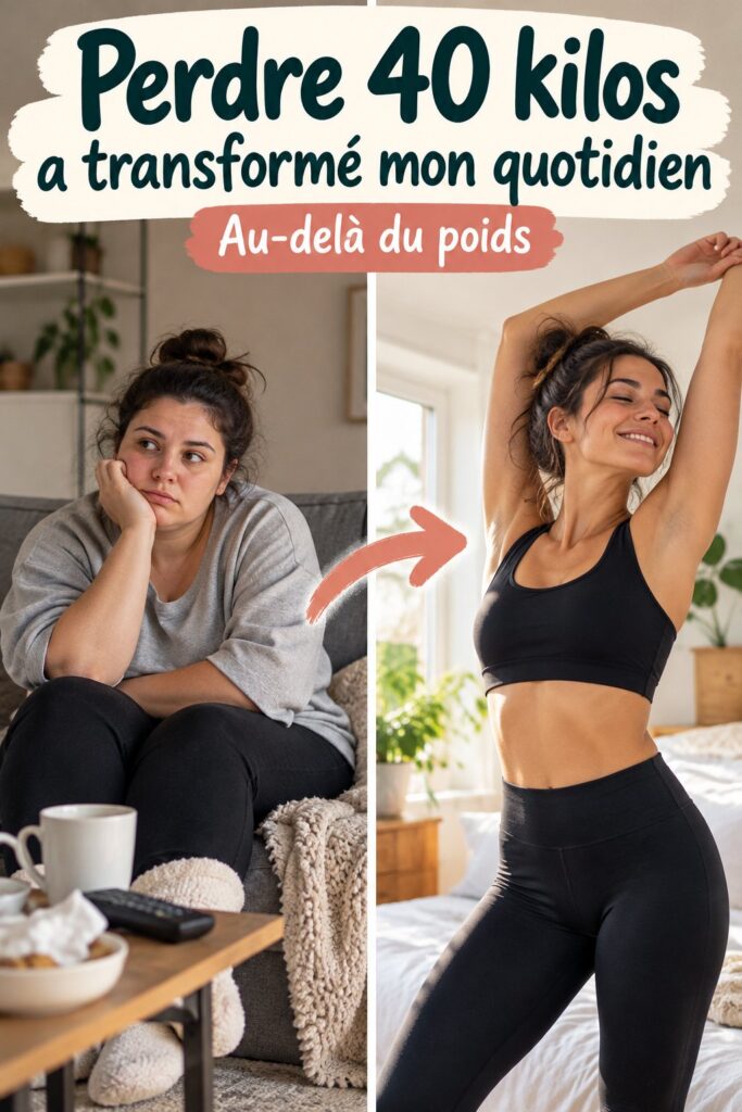Femme heureuse après avoir perdu 40 kilos, souriant dans un environnement naturel.